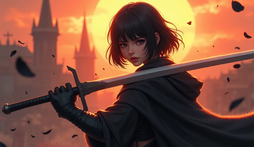1 warrior girl, expressive black eyes, black short hair, dressed with a black drape, using his massive two hand sword ,fighting pose ,black petals fall from the sky in big medieval city in sunset in background, detail richness, masterpiece, best quality, realistic rendering