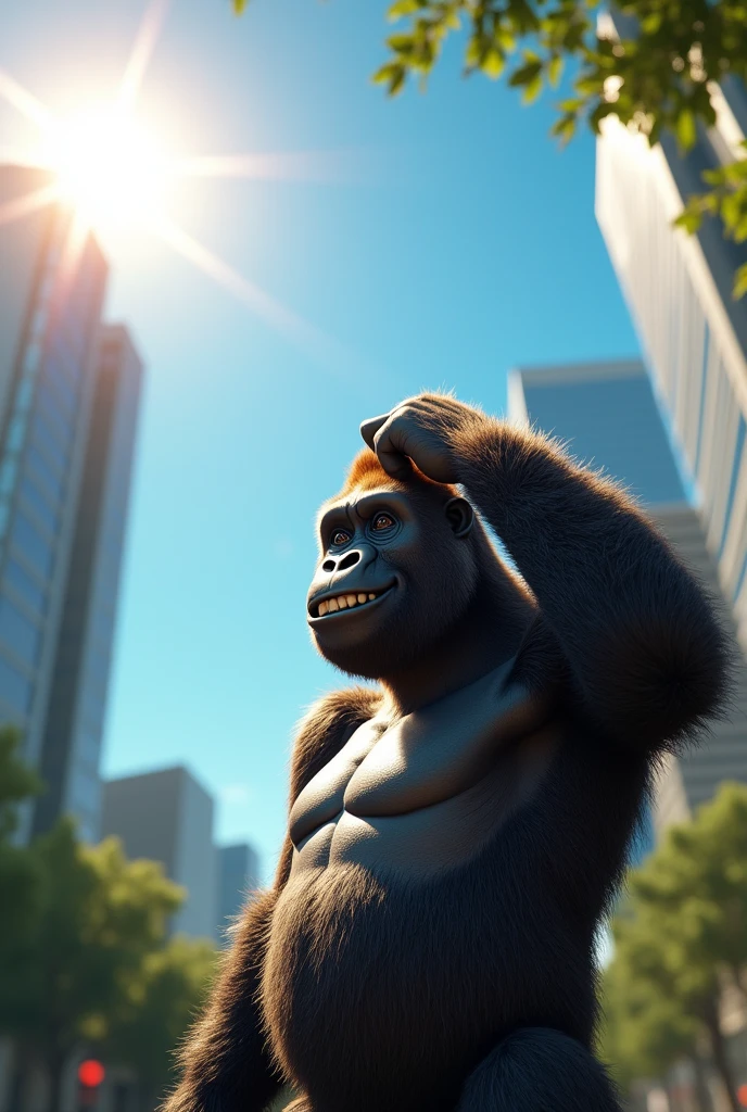Gorilla on the right side of the screen,Gorilla smiling,The gorilla is facing left,Looking up at the sun and smiling,He is covering his forehead with his right hand to avoid the sun.,Sun in the upper left,Summer sky,Extreme heat,noon,The location is an office district