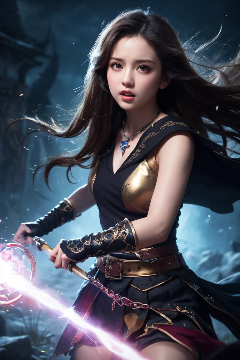 masterpiece、Dragon quest、Sorcerer、a wizard、Intelligent beauty、Wooden cane、Fireball from the wand、Staff of the Wise Man、Black magic suit、pale shiny hair、Dragon's Eye、battle field、Flying Devils、Flying Dragons、war、highestdetailed、Flying sparks