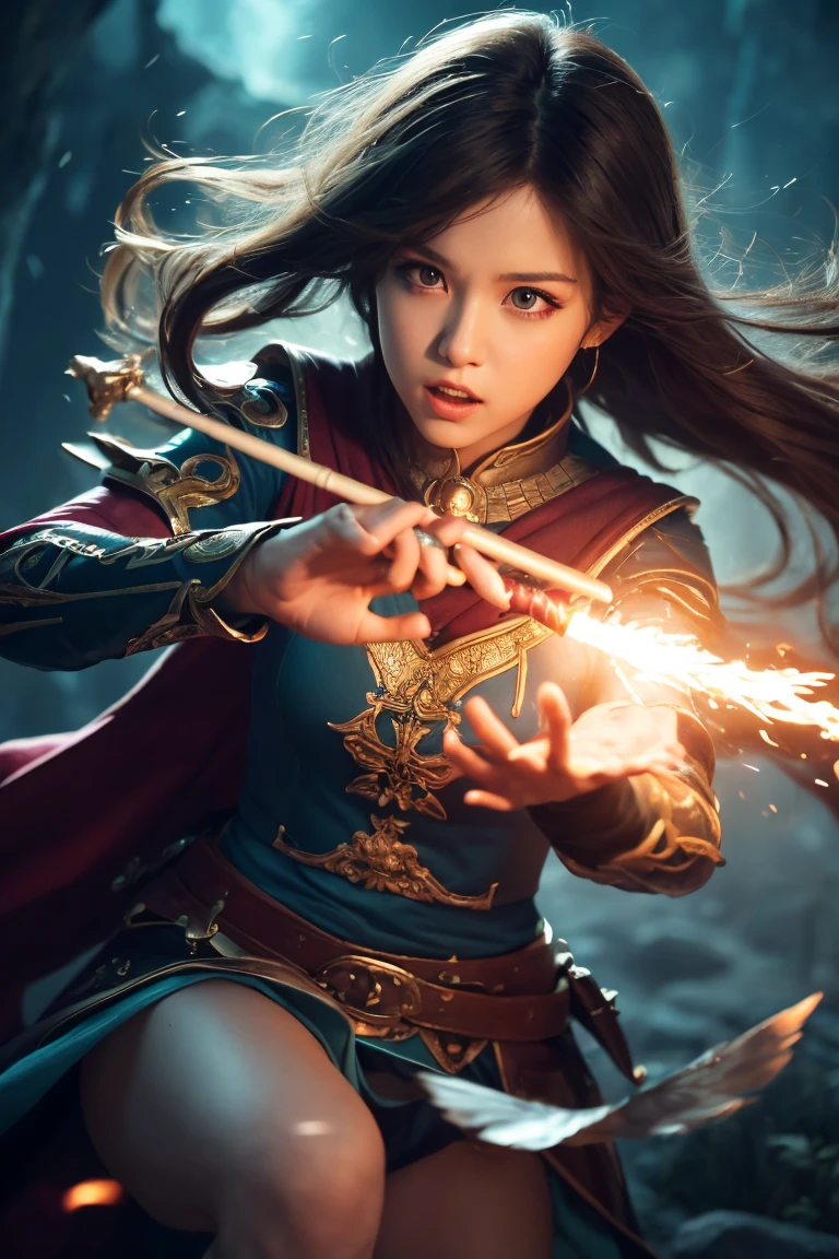 ((masterpiece)), ((best quality)), (ultra-detailed), ((extremely detailed)), ((kawaii)), cute, (lovely), 4K, (8K), best quality, (beautiful), photorealistic, fantasy world, (a cute girl), solo, mage, casting spells, magical battle, glowing staff, fierce determination, swirling energy, mystical aura, powerful magic, dramatic lighting,