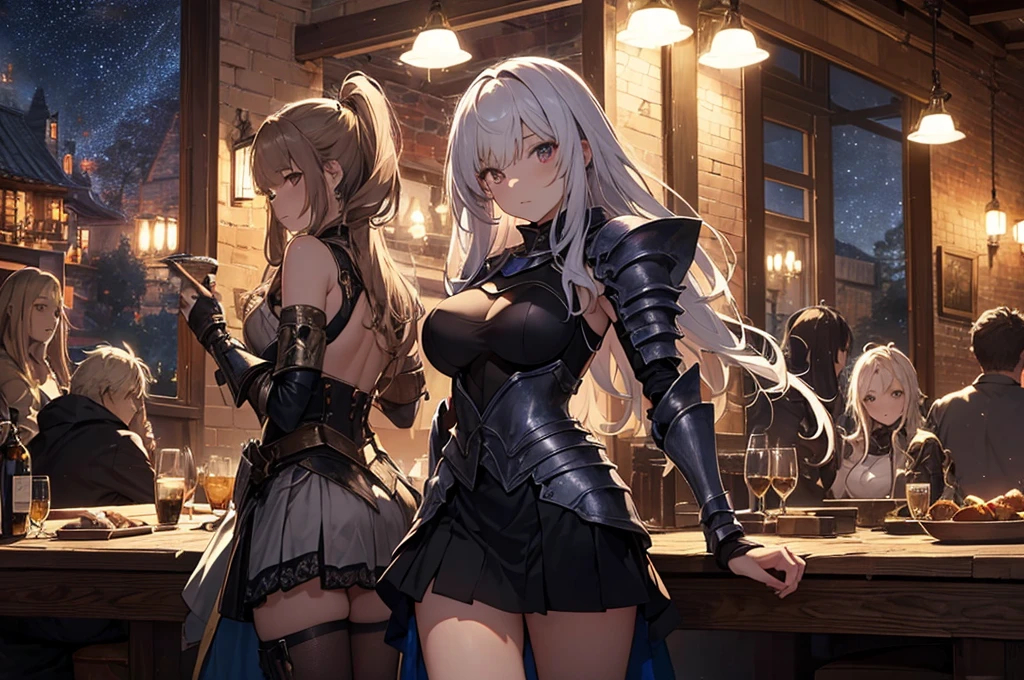 A group of young female knight, (in tavern), various hair styles, harem, wearing armored clothes, metal armor, night, details face, , short skirt, seducing, sword, sleeveless , night, starry night