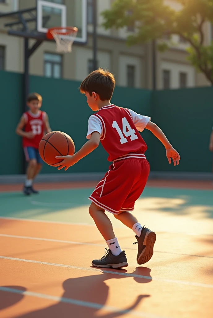 A 12-YEAR-OLD BOY PLAYING BALL ON A COURT WITH HIS BACK TO THE NUMBER 14