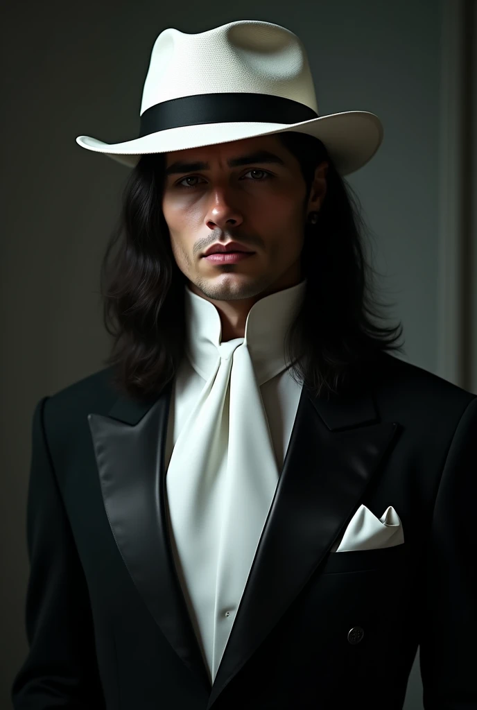 Dark-haired man with long hair in a black tuxedo, black shirt, white tie and white cap