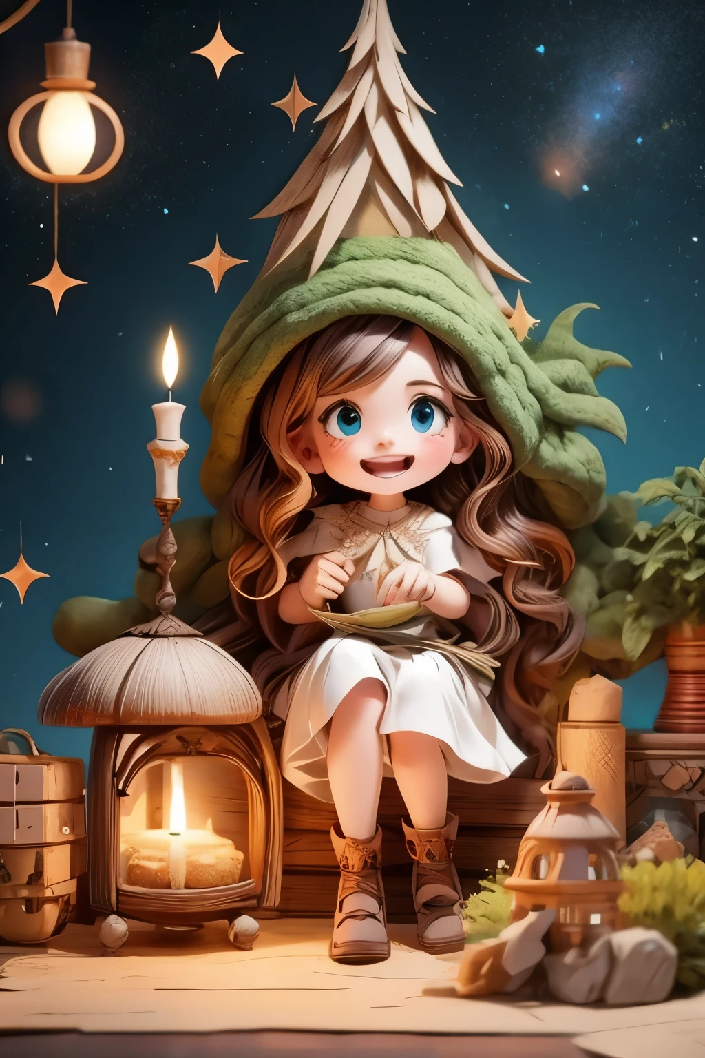 village realisticlying、a little witch make a spell fireworks、City of victorian age at night, Europe. aristocrat girl、Looking up from below