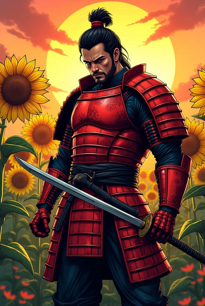 A male samurai in red samurai armor making an attack stance with his katana drawn in a field of sunflowers at sunset drawn in comic book style