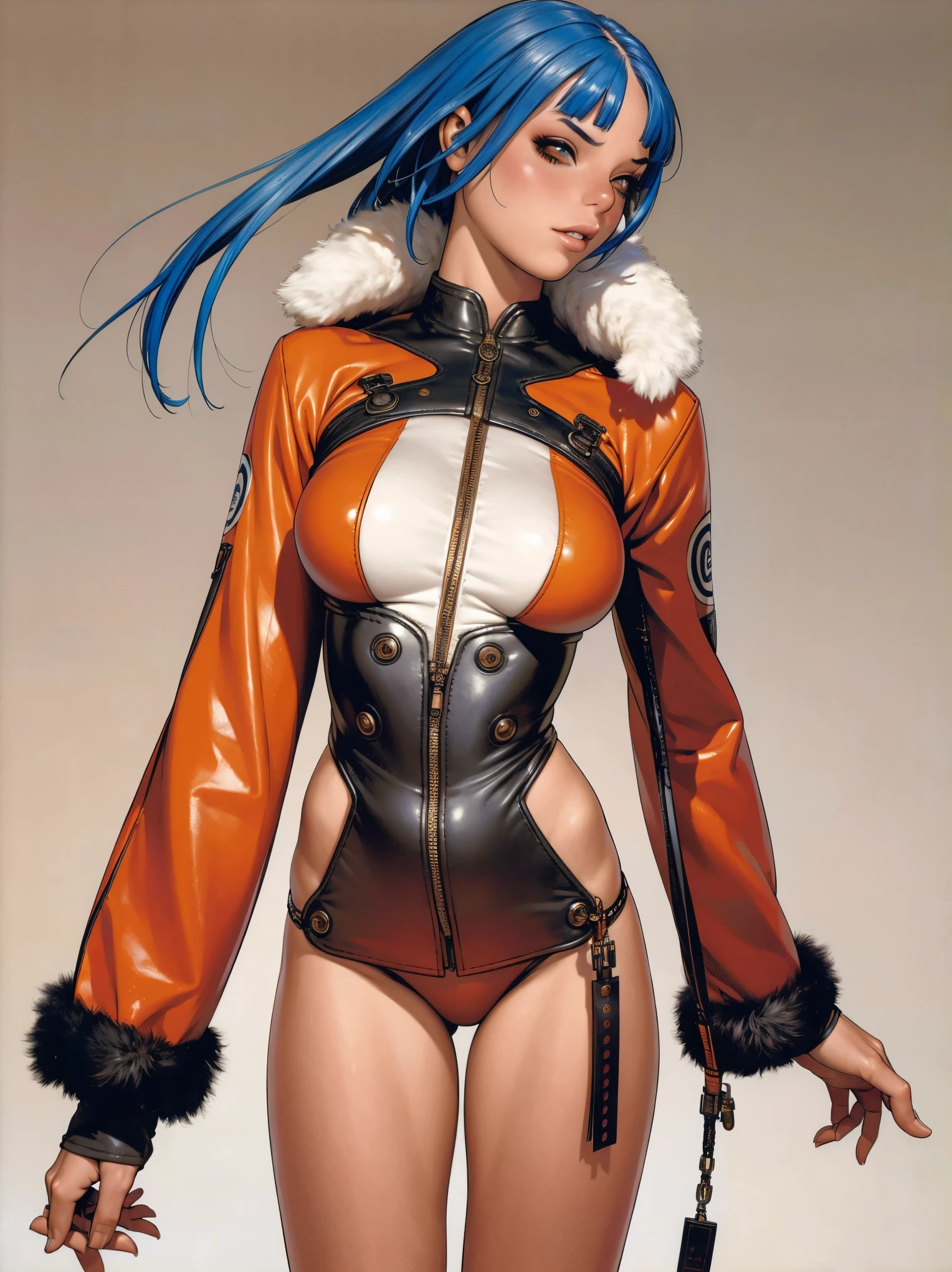 (best qualityer))), (((manga strokes))), (((blue bob hair with straight bangs and red highlights))), (((printed dental floss))), uma Kizi jovem muito bem vestida com roupas modernas de inverno, top gift vertical stripes, short jacket with dark fur collar, beautiful and expressive face, slightly-smile, big eyes with long black eyelashes, heavy make-up, chains and zippers spread across clothes, contrasting colours, pose de atitude, hair with a modern and futuristic cut, urban game poster art, dramatic camera angles, graffiti art elements in the background, design mixing contemporary and retro by Shepard Fairey, (((cowboy shot))), (((best qualityer: 1.4))), (Unbeatable masterpiece), (hiper HD),(CG 8k hyper-realistic), Kizi, (((standing alone))), pirralha violent, (((14歳))), sexly, pose de atitude, work of art, post-apocalypse, (((manga style))), bounty hunter, violent, Manic, the way you want, slenderbody, thin but strong, perfectbody, roupa moderna, advanced technology, neon, sleeves with vertical striped pattern, neutral background, (( cowboy shot )). intricate visual