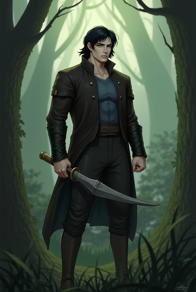 Human, Male, Hunter, Black Hair, Blue Eyes, Pale skin, full body, solo, Forest, Modern