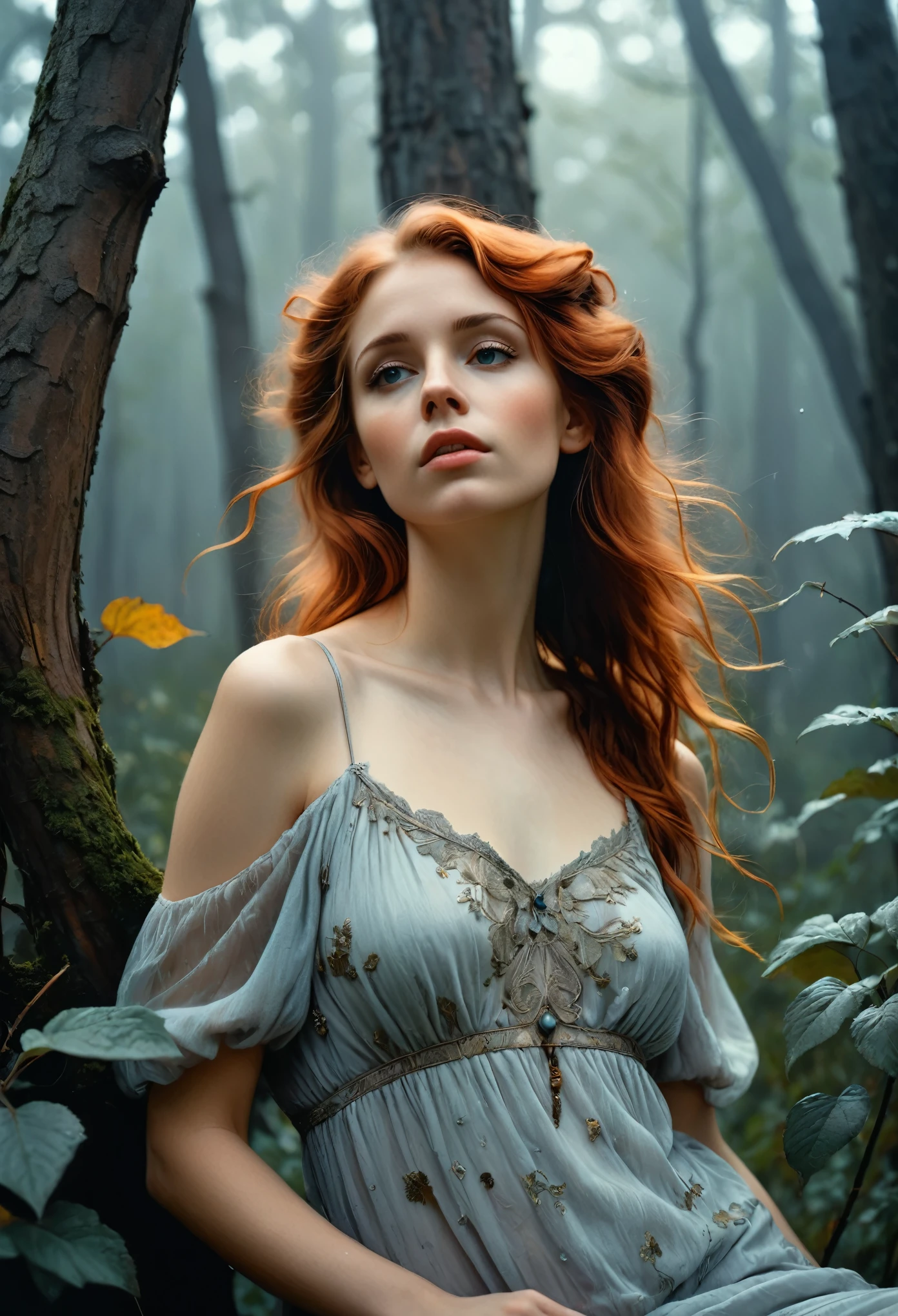 Full portrait, Realistic, Photorealistic, analog photo, Highly detailed, cinematic rendering, Wild Dead Forest, evening, Cute 24-year-old woman, Leaning back in a tree and looking up at the grey cloudy sky, Redhead, Sexy, Dressed in a transparent tattered nightgown, Black leaves float in the air, Behold, the glittering particles flutter, classical painting composition, Dark gloomy background, An atmosphere of melancholy and sadness, surreal photo, by Alphonse Mucha, detailed perfect face, Melancholic aesthetic, Faded colors, cinematic  composition