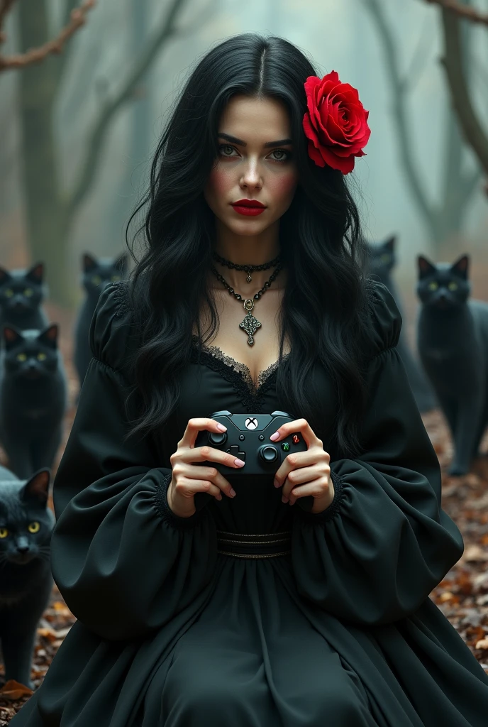 woman 40 years old with wavy black hair, a Red Rose in hair, black medieval dress, with an XBox joystick in her hands playing in hell with Black cats