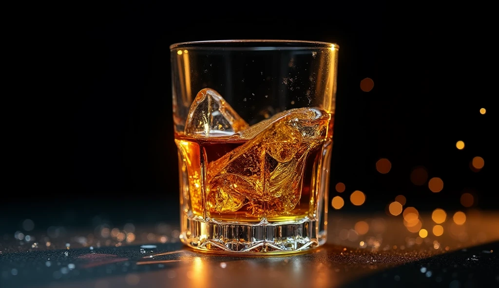 half of a Short glass with many details of wiskey and  in the side  with black background  shadows and shine and sparkles in the back