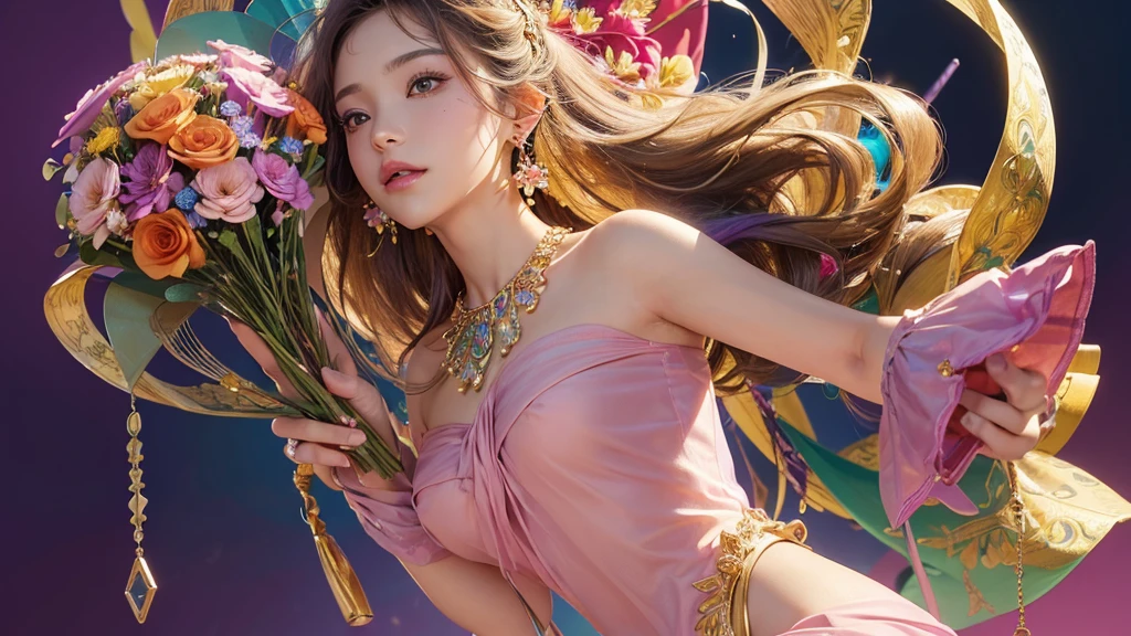 32K, 最高quality, 最高masterpiece, (ultra-Detailed Background, Detailed Background), High resolution, Super detailed, Very detailedな, One girl, (bouquet:1.3), (Tangled:1.2), (Geometric:1.2),(colorful),(masterpiece, quality, best quality, Official Art, Beautiful and beautiful:1.2), (1 girl:1.3), Very detailed,(colorful:1.1)(Flowers:1.3),Most detailed,(Tangled:1.2), whole body, (Abstract background:1.3), (Skin glows), (Many colors:1.4), ,(Earrings Jewelry:1.5), Pink Background,