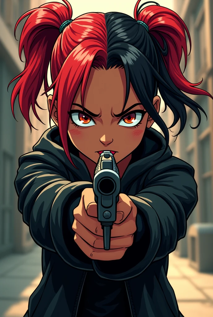 A ((cartoon black girl))) with ((red))), (((black))) and (((blond hair))), dressed in a ((street black outfit)) with a (((black gun))) in her hand, aiming it towards the camera with a psychotic expression