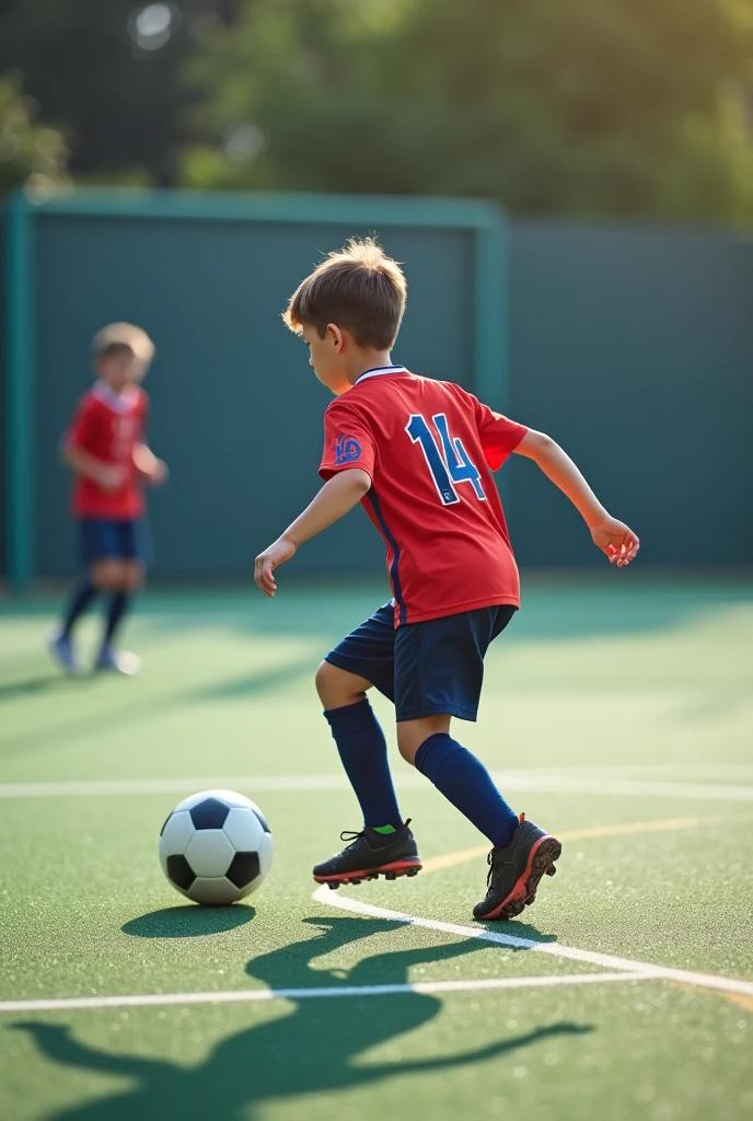A PLAYING SOCCER ON A COURT WITH HIS BACK TO THE NUMBER 14