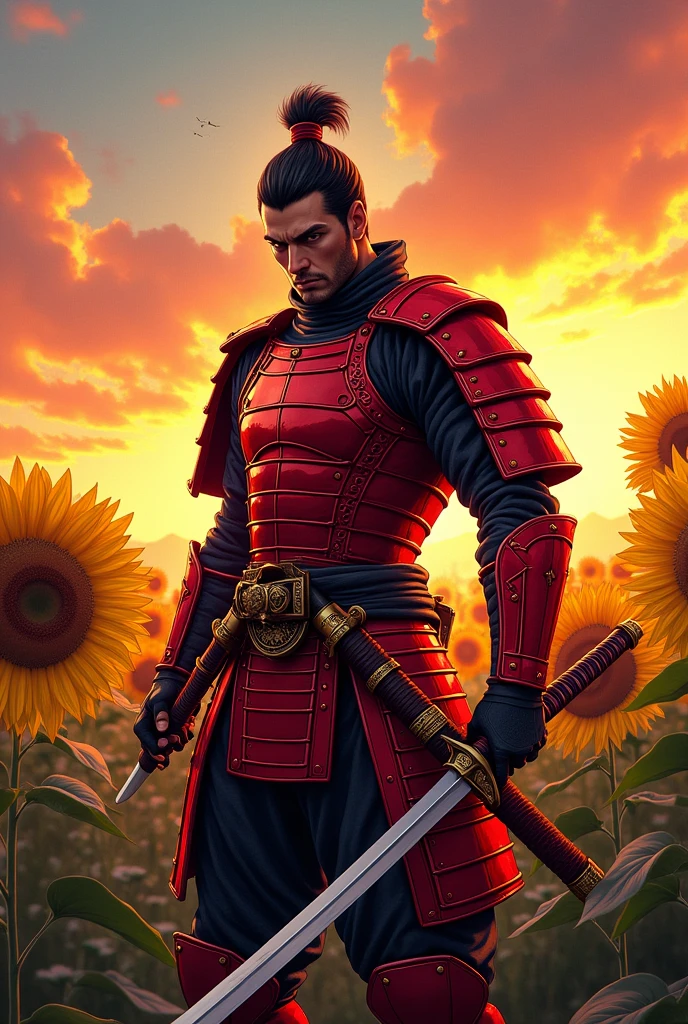 A samurai man in red samurai armor making an attack stance with his katana drawn in a field of sunflowers at sunset comic book style