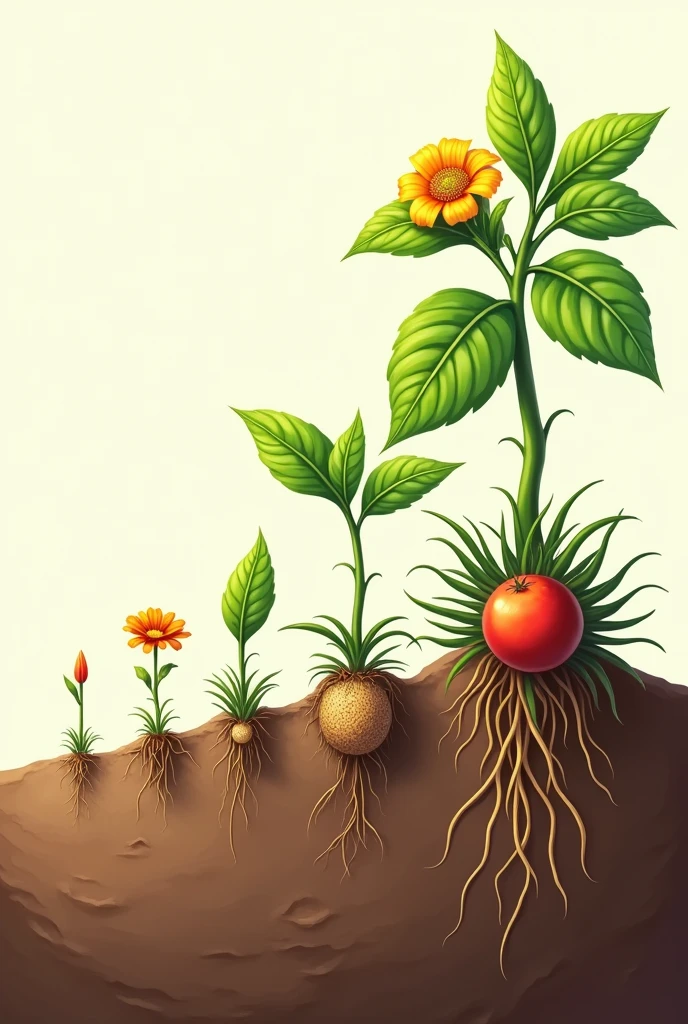 Create the development and growth of the plant Under the following description Here you have a detailed description of each of the six phases of plant development, that you can use to create the tables in your presentation:

1. **Germination**:
   - **Description**: It shows a seed under the ground with a small root beginning to emerge.. Maybe you can show the seed cracking and a little seedling peeking out., heading towards the surface.
   - **colors**: Brown earth, the seed in a light brown or beige tone, and a white root.

2. **plant growth**:
   - **Description**: A small green sprout emerging from the ground. You can see two small, green leaves beginning to develop..
   - **colors**: Bright green for the leaves and brown for the soil.

3. **Vegetative development**:
   - **Description**: The plant has grown taller and has several green leaves.. A stronger stem and well-developed leaves are noticeable..
   - **colors**: Dark green stem and green leaves.

4. **bloom**:
   - **Description**: The plant has colorful, open flowers.. The leaves are fully developed and the plant looks at its most attractive..
   - **colors**: Green for the leaves and stem, with bright colors for the flowers, like yellow, red, the pink.

5. **Fructification**:
   - **Description**: The plant now has fruits that are growing from the flowers.. The fruits must be visible and developing..
   - **colors**: Green for the leaves and stem, and colors that represent the fruits, como red para tomates o naranjas.

6. **Maturity**:
   - **Description**: The fruits are fully developed and ready to be harvested.. The plant may look a little more robust.
   - **colors**: colors intensos para los frutos maduros y el verde intenso para las hojas.

