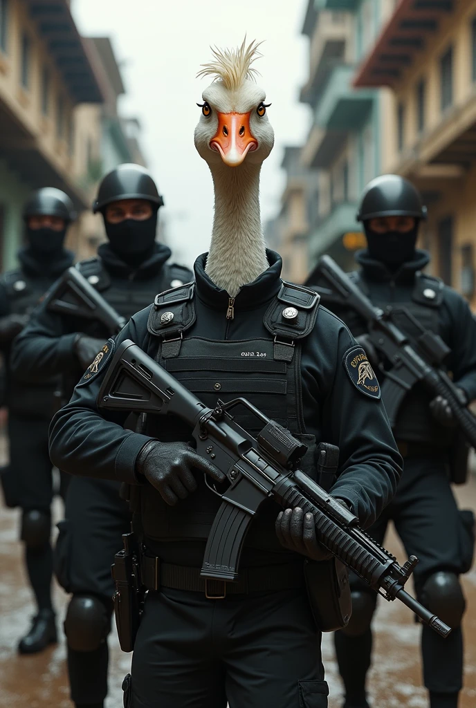 Draw a goose with an angry face, wearing a black uniform and bulletproof vest, holding a rifle 7.62 and four police officers wearing black clothes, without helmets and wearing bulletproof vests holding rifles in a favela in Rio de Janeiro 