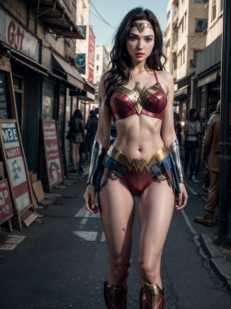 Wonder Woman (GAL GADOT) Wearing little blue panties, lacy and transparent, Huge CAMEL TOE , split in half, and red half cup bra,low-cut on large breast size GG. In a dystopian street of a cyberpunk city, in the background members of the X-Men.