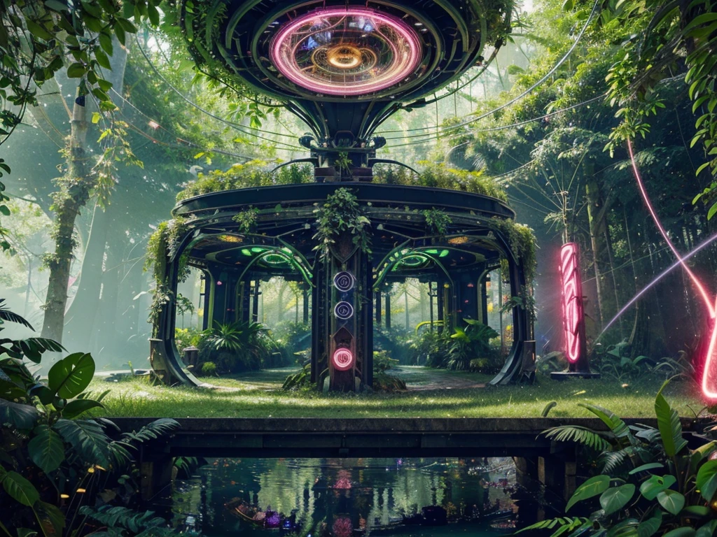 In a vividly flourishing solarpunk neon jungle, each detail pulsates with energy: intricate digital flora in electrifying shades of green and pink, vibrant wildlife moving through digital vines and leaves, and shimmering streams of data flowing through the lush landscape. This mesmerizing painting showcases a futuristic, utopian world where nature and technology harmoniously coexist, inviting viewers to immerse themselves in a vibrant, digital paradise.