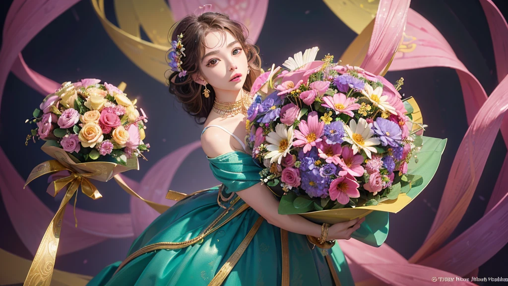 32K, 最高quality, 最高masterpiece, (ultra-Detailed Background, Detailed Background), High resolution, Super detailed, Very detailedな, One girl, (bouquet:1.3), (Tangled:1.2), (Geometric:1.2),(colorful),(masterpiece, quality, best quality, Official Art, Beautiful and beautiful:1.2), (1 girl:1.3), Very detailed,(colorful:1.1)(Flowers:1.3),Most detailed,(Tangled:1.2), whole body, (Abstract background:1.3), (Skin glows), (Many colors:1.4), ,(Earrings Jewelry:1.5), Pink Background,