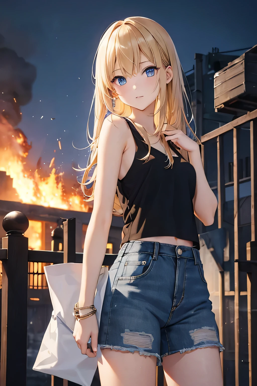 masterpiece、Highest quality、High resolution、1 girl、Blonde, blue-eyed beauty、Medium Hair、Straight Hair、Black tank top、sexy short jean skirt、Have a bomb、at night、Military base fence、Naval base on fire、Building on fire
