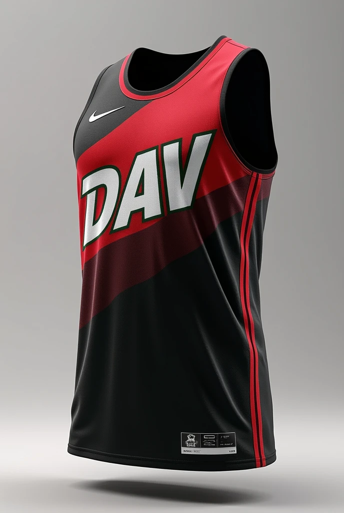 Black basketball jersey with red details, white and green writing DAV