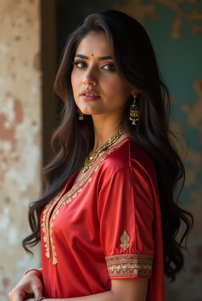 pakistani woman, slums, sexy woman wearing tight satin kurta, short tight satin sleeves, fit curvy, sexy