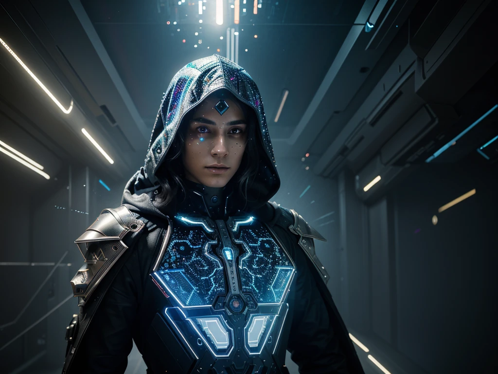 In the dazzling world of virtual reality, a celestial digital detective roams amidst pixelated landscapes and glowing code, his armor shimmering with ethereal light. This character, a fusion of futuristic technology and traditional sleuthing skills, is depicted in a stunning digital painting that captures every intricate detail. The intricate design of his cybernetic enhancements, the intricate patterns of his holographic cloak, and the intense focus in his cybernetic eyes all portray a sense of otherworldly brilliance. The image's vibrant colors and dynamic composition truly bring to life the essence of this enigmatic digital hero.