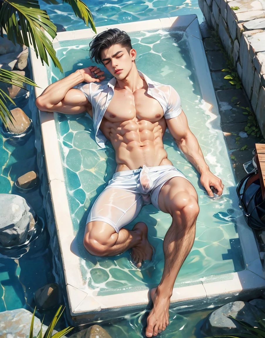 A handsome 20 years old man, muscular and slim, model , found lying on the seashore unconcious, eyes are closed and in pain, sexy and toned body, wet ripped shirt, exposed perfect shaped penis, full body