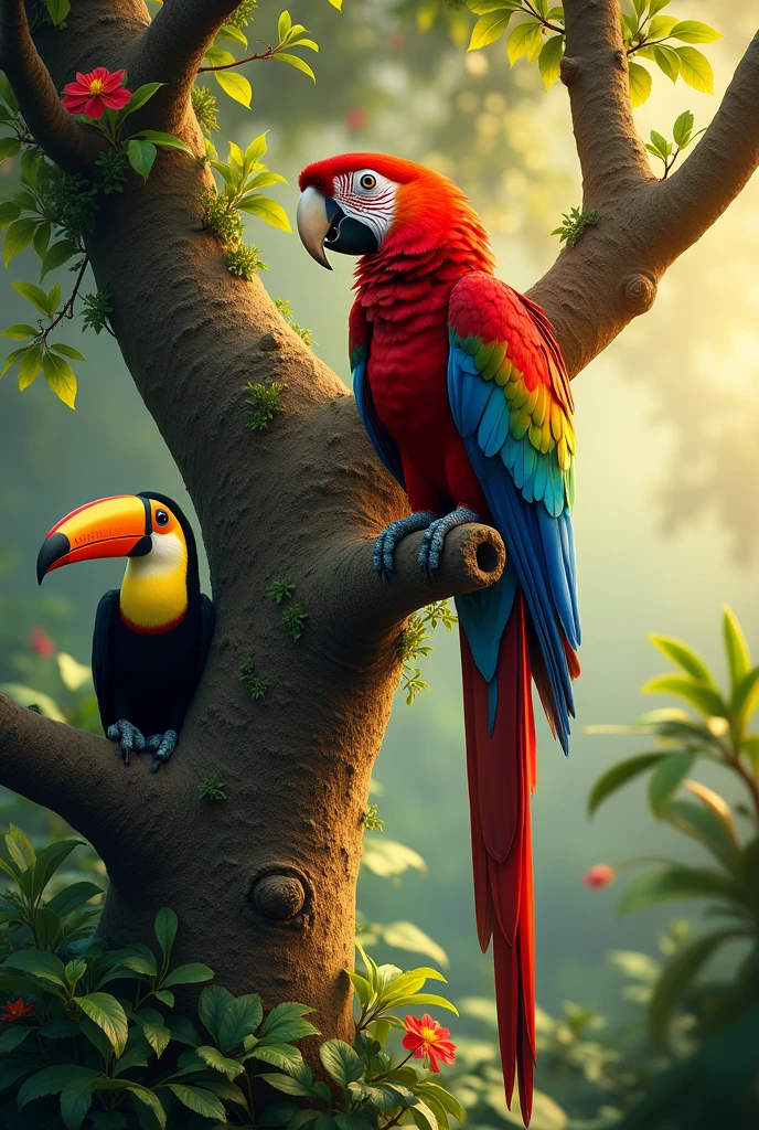 Pequi tree with a macaw on top and a toucan