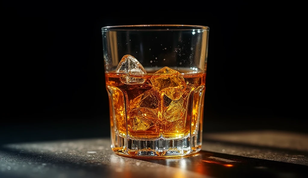 half of a Short glass with many details of wiskey and in the side with black background shadows and shine and sparkles in the back with more details in the glass