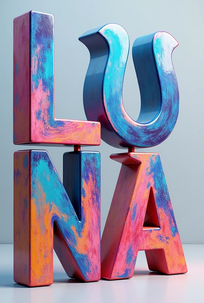 Make a picture of only artistic 3D letters that only says: “Luna” that is not in cursive letters and that is in Spanish and colorful