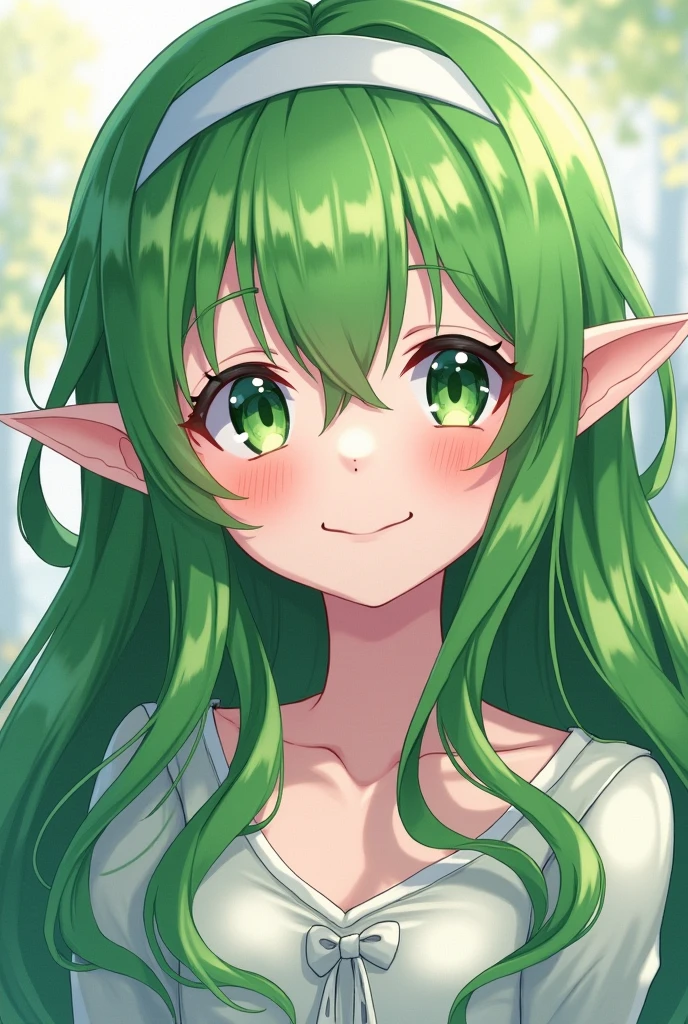 teenager, anime style, Jujutsu Kaisen, White skin, super long green hair, fringe, Elf's ears, happy, white headband