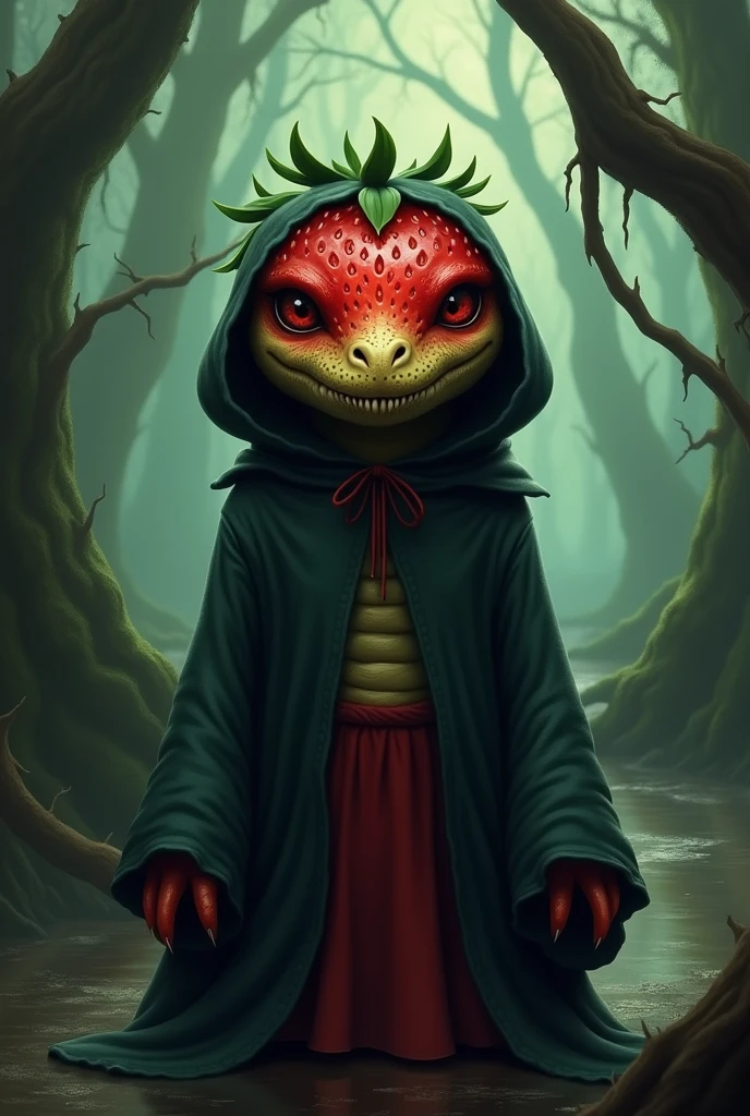 Digital painting of an anthropomorphic humanoid strawberry creature wearing a dark, witchy outfit with hood and robes. The creature has the distinct facial features of a crocodile or other reptilian creature - scaled skin, sharp teeth, and piercing reptilian eyes. The figure stands in a dark, swampy forest landscape, with gnarled trees, murky waters, and an eerie, ethereal atmosphere. Vibrant shades of red, green, and brown dominate the color palette, creating a rich, fantastical aesthetic. The strawberry witch exudes an aura of mysticism and primal power, blending whimsical and unsettling elements. Detailed, high-resolution, cinematic perspective.