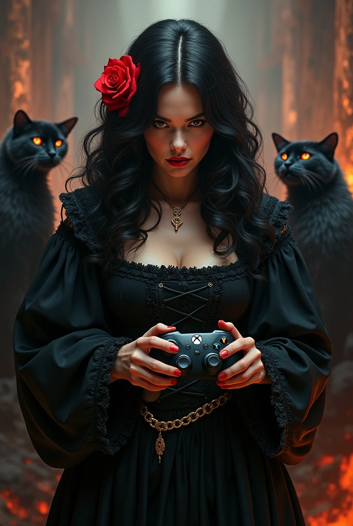 woman 40 years old with wavy black hair, a Red Rose in hair, black medieval dress, with an XBox joystick in her hands playing in hell with Black cats