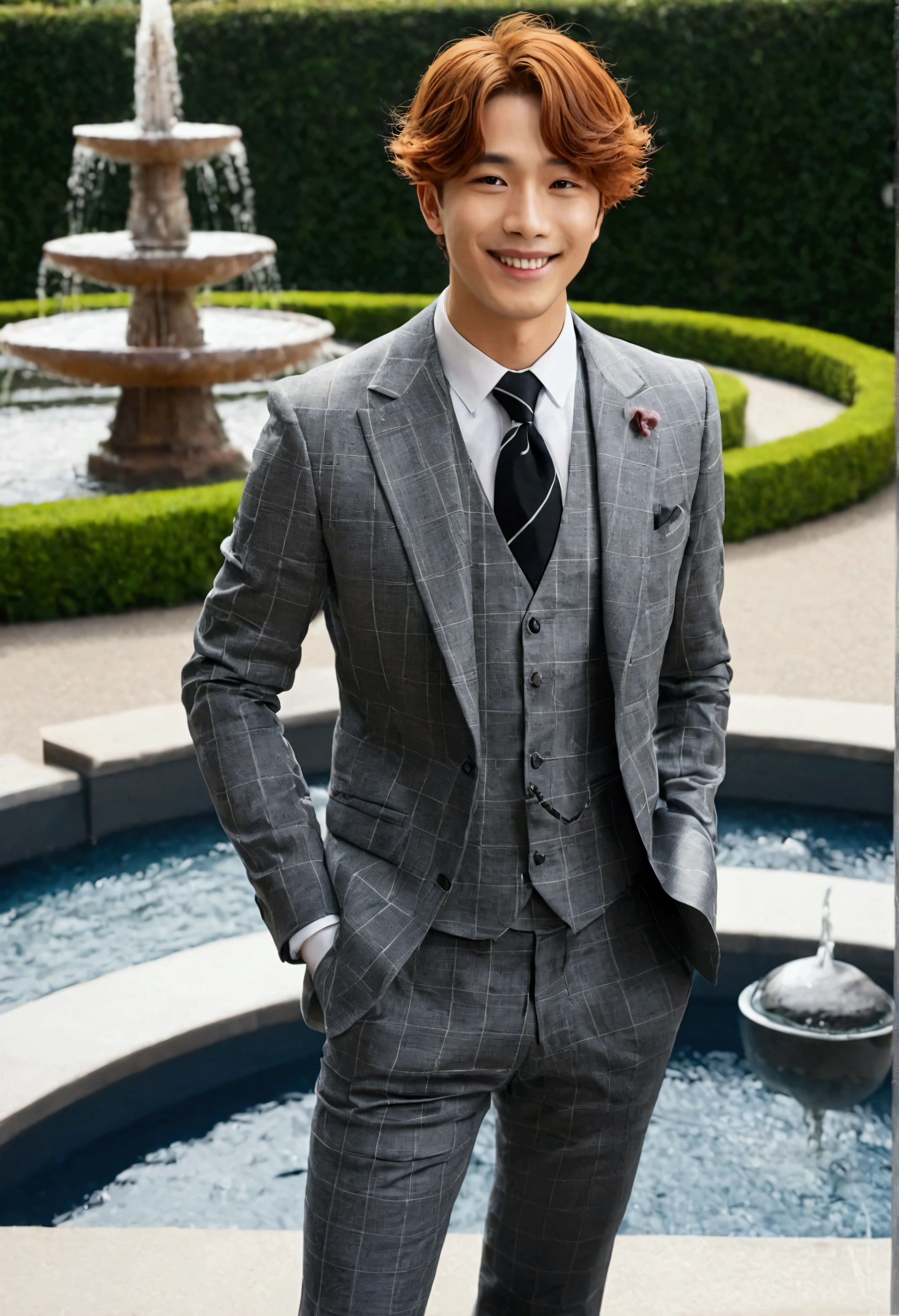 punctuation_9, punctuation_8_High above, punctuation_7_High above, punctuation_6_High above, fountain_アニメ, BREAK foco masculino benny, chestnut hair, shorth hair, checkered suit, black necktie, Gray pants, genuine smile, sharp looking eyes