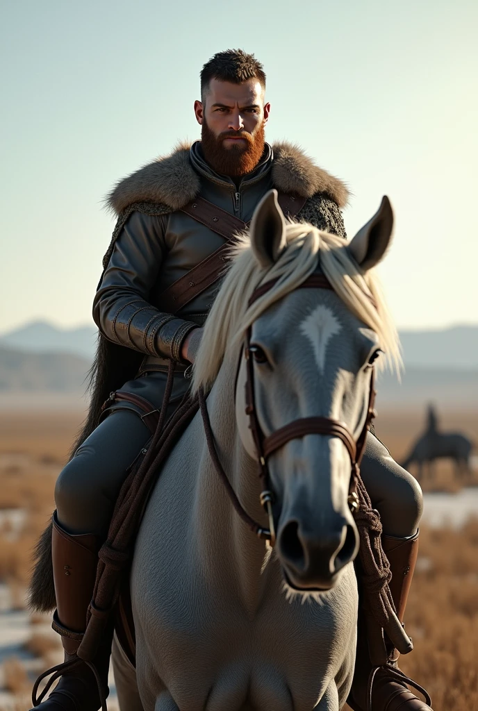 Bronze age man aged 26 with black hair, with the sides of the hair shaved and on top with medium short hair, with the red beard, on top of a gray horse,on a sunny morning with cold weather