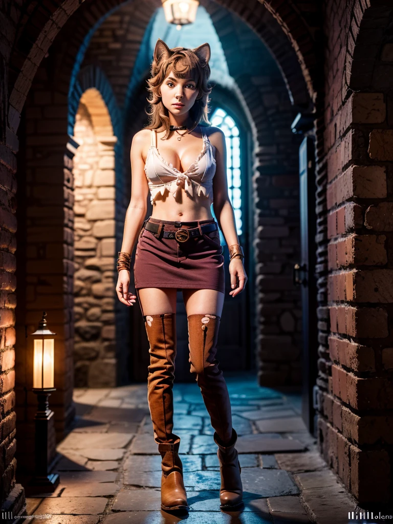 full body, (Liliruca Arde:1.3), a hot 12 year old girl with no sleeves, red microskirt, belt, torn stockings, cleavage, brown boots, beautiful detailed eyes, animal ears, beautiful detailed lips, gloves, extremely detailed detailed face , long eyelashes, photorealistic, high quality, highly detailed, 8k, masterpiece, realistic, studio lighting, natural lighting, soft lighting, warm colors, pastel colors, vibrant colors, in a dungeon