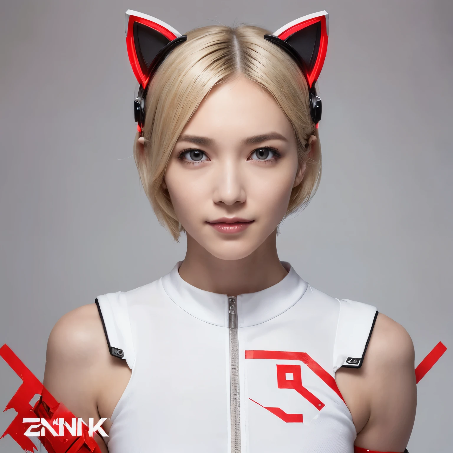 (Highest quality:1.2),(On the rubble of a collapsing city),(Perfect Beautiful Face 1.2, Cool look, Thick eyebrows, Strong-willed eyes, Invincible smile),(Perfect and beautiful posture:1.2),((Android female warrior)), (((muscle)), (Blonde Short Hair),Clear Eyes,((Skull-shaped logo, Red accent on white background:1.2, Cyber Suit, Cat ears headgear, Shoulders are exposed))
