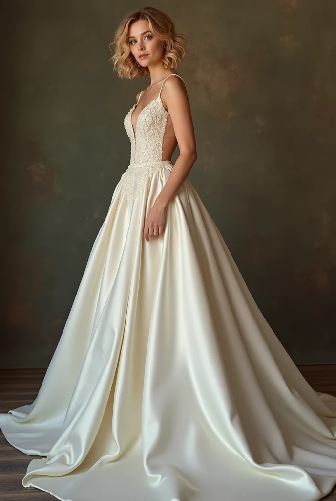 full long elegant wedding dress wit decolte from satin without patterns on i for curly blonde short haired girl with green eyes. Not in any bohemian style. in Opera style
