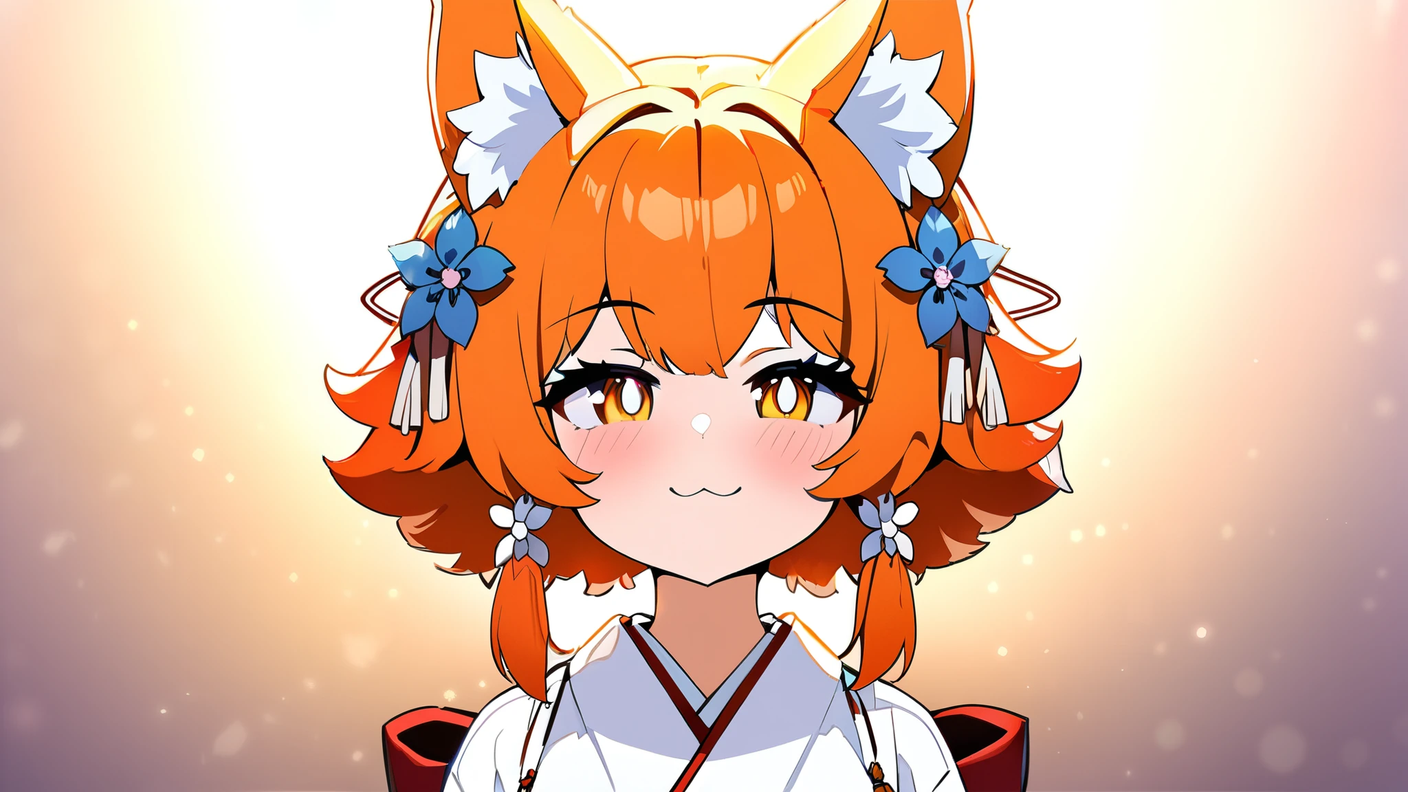 masterpiece, best quality, highly detailed, 1girl, solo, (:3:0.9), animal ear fluff, animal ears, orange hair, fluffy hair, blush, pupple eyes, flower, fox ears, fox girl, gradient, gradient background, hair flower, hair ornament, japanese clothes, kimono, looking at viewer, miko, smile, solo, white kimono, beautiful lighting