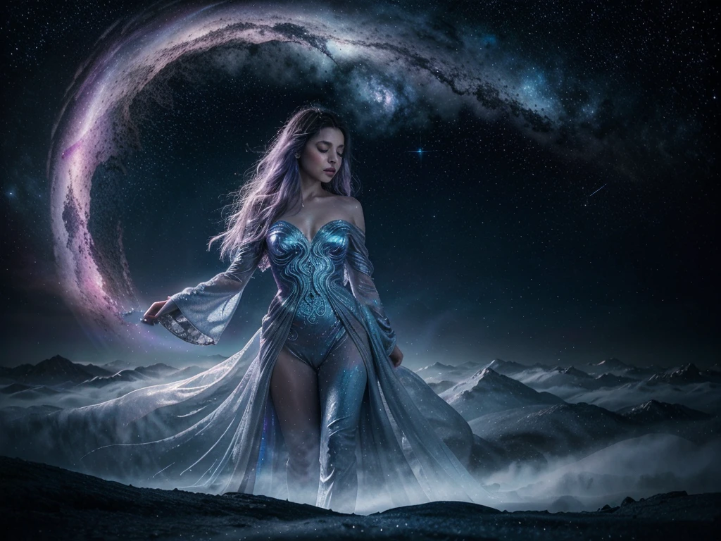 In a hauntingly beautiful astral projection, a spectral figure shrouded in shimmering silver robes drifts elegantly among ethereal starlight, surrounded by swirling nebulae and twinkling galaxies. The painting is a mesmerizing watercolor masterpiece, intricately detailed and blending hues of midnight blues, deep purples, and iridescent silvers to create a mesmerizing celestial scene. Each brushstroke is expertly rendered, capturing the essence of otherworldly beauty and mystique in this enchanting work of art.