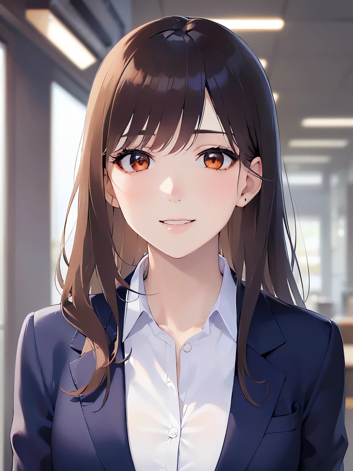 Close-up of your face, Realistic, real person, (pale skin: 1.2), RAW photo, photorealistic, shiny skin, shiny hair、(A 25-year-old woman with medium-length hair and bangs) and (wavy hair) and (brown hair) and (orange eyes) , BREAK (Navy blue business suit:1.5) and (white collared shirt) BREAK、smile, Background is an office room、Alone、Are standing