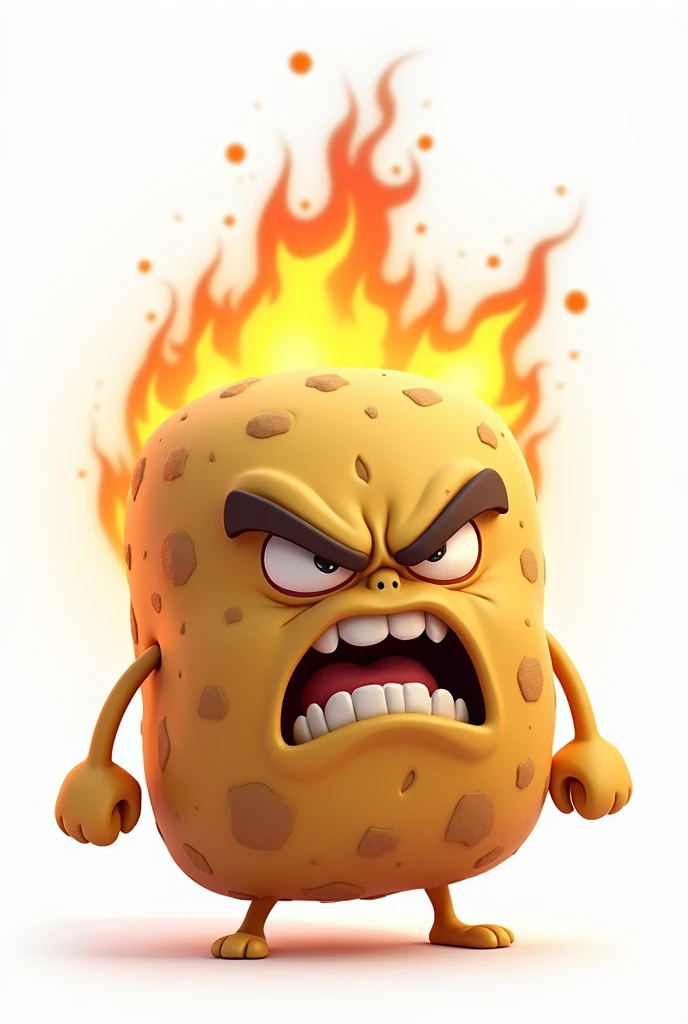 An angry animated rectangular potato, with fire and a white background