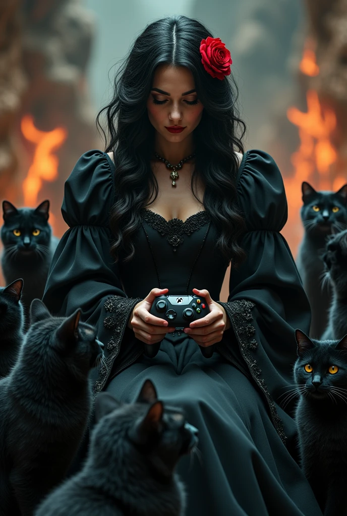 woman 40 years old with wavy black hair, a Red Rose in hair, black medieval dress, with an XBox joystick in her hands playing in hell with Black cats