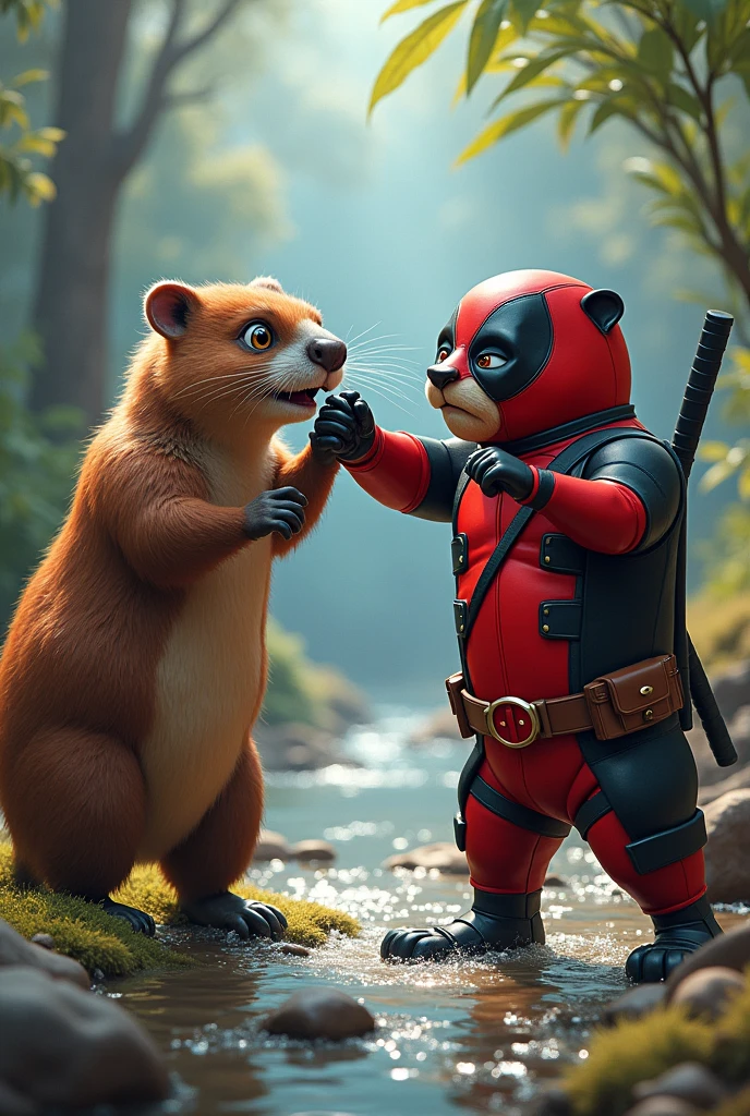 Beaver dressed as Deadpool punching a platypus