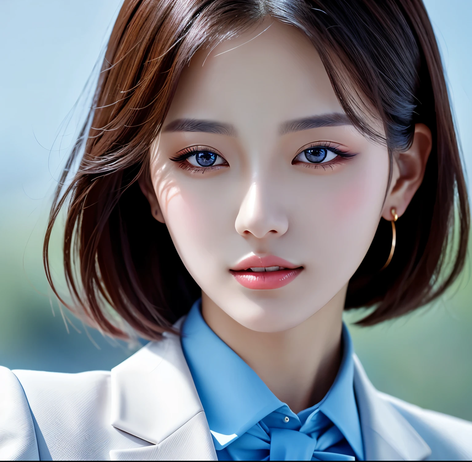 Close up portrait of woman in blue suit and white shirt, Elegant digital art, High-quality portraits, Shiny digital painting, Digital Art Images, Beautiful digital art, Elegant digital painting, Portraits of Korean female idols, Beautiful digital painting, Realistic cute girl drawing, high quality digital painting, TWICE's Tzuyu, Professional Profile Photo, Korean Girls
