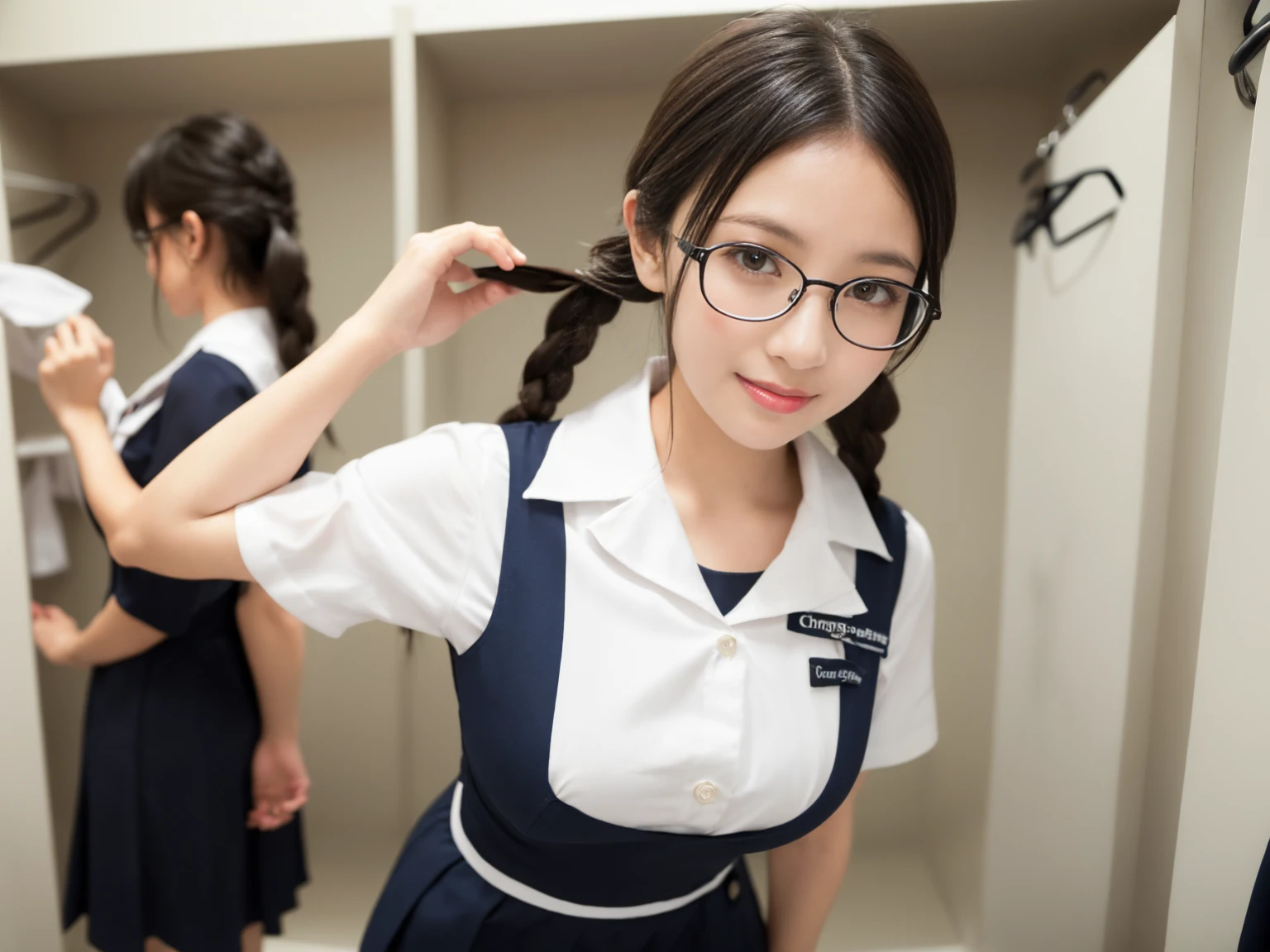 masterpiece, Highest quality, figure, Very detailed, The finer details, High resolution, 8k,wallpaper, Perfect dynamic composition,(Detailed high quality, Realistic depiction of eyes:1.3),(A tight-fitting waitress uniform with buttons on the collar and chest), Seraphim, The background is an empty changing room, Deep in the field, Black hair color, Big Natural Color Lip, (Perfect figure), (smile)、Harajuku Style, Adorable expression、Expressions of happiness、Amazingly cute、Cute type、Beautiful feet, Idol Sculpture、(Changing clothes in the changing room:1.5)、(In the process of taking off clothes:1.5)、Braid、Glasses、Big Breasts、Erect nipples