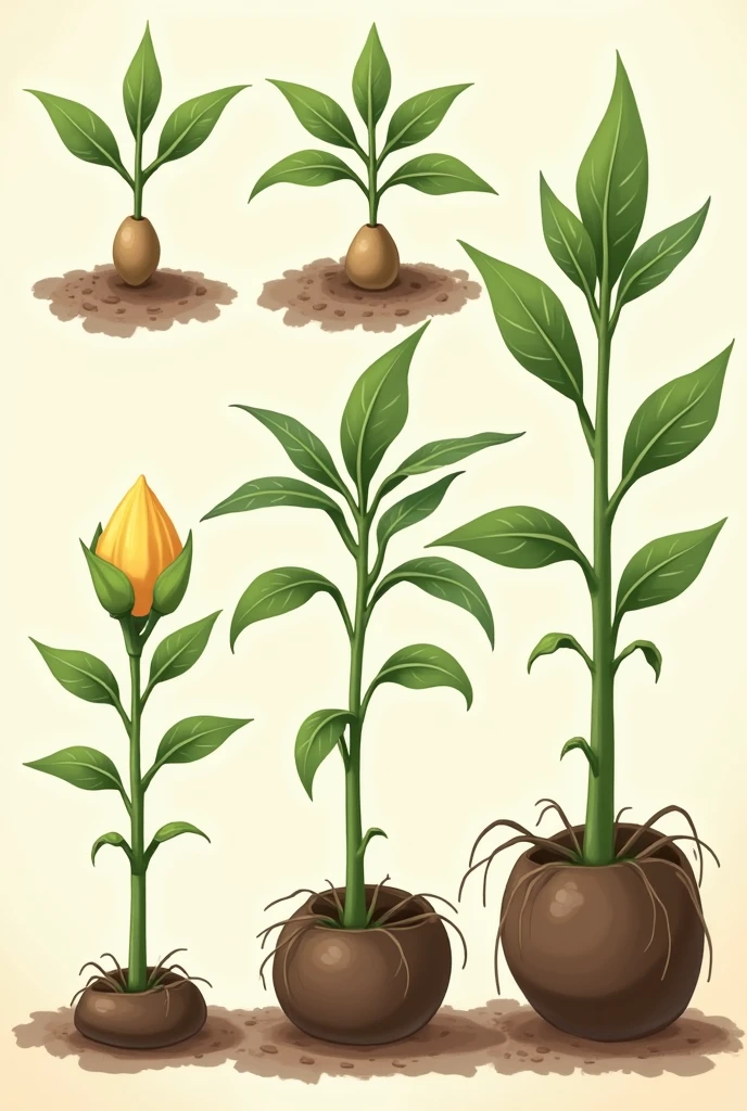 Create the development and growth of the plant Under the following description Here you have a detailed description of each of the six phases of plant development, that you can use to create the tables in your presentation:

1. **Germination**:
   - **Description**: It shows a seed under the ground with a small root beginning to emerge.. Maybe you can show the seed cracking and a little seedling peeking out., heading towards the surface.
   - **colors**: Brown earth, the seed in a light brown or beige tone, and a white root.

2. **plant growth**:
   - **Description**: A small green sprout emerging from the ground. You can see two small, green leaves beginning to develop..
   - **colors**: Bright green for the leaves and brown for the soil.

3. **Vegetative development**:
   - **Description**: The plant has grown taller and has several green leaves.. A stronger stem and well-developed leaves are noticeable..
   - **colors**: Dark green stem and green leaves.

4. **bloom**:
   - **Description**: The plant has colorful, open flowers.. The leaves are fully developed and the plant looks at its most attractive..
   - **colors**: Green for the leaves and stem, with bright colors for the flowers, like yellow, red, the pink.

5. **Fructification**:
   - **Description**: The plant now has fruits that are growing from the flowers.. The fruits must be visible and developing..
   - **colors**: Green for the leaves and stem, and colors that represent the fruits, como red para tomates o naranjas.

6. **Maturity**:
   - **Description**: The fruits are fully developed and ready to be harvested.. The plant may look a little more robust.
   - **colors**: colors intensos para los frutos maduros y el verde intenso para las hojas. 
But let them be 6 drawings

