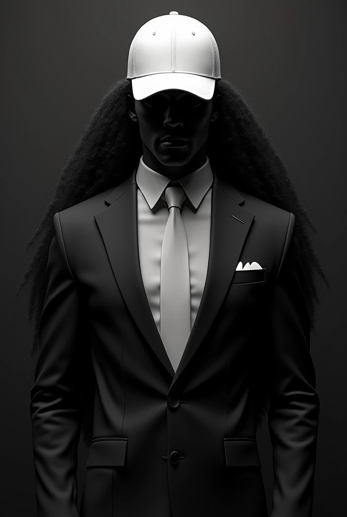 Dark-skinned man with very long hair wearing a black tuxedo, black shirt, white tie and white baseball cap 