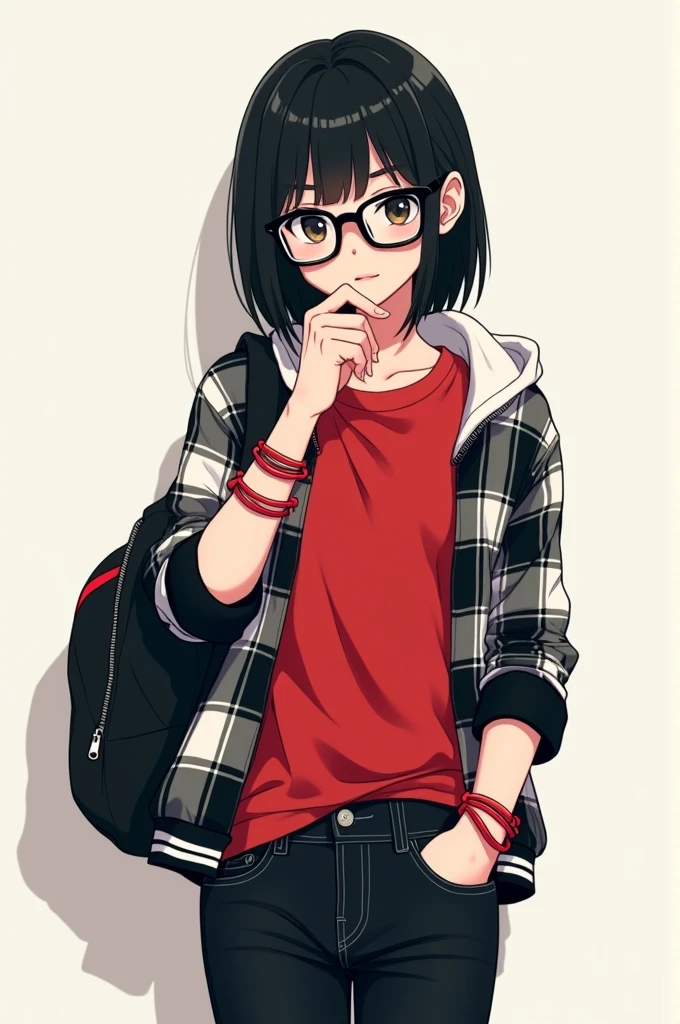 An anime character who is around 15 years old, has straight, not very short black hair, wears square glasses and red bracelets.,black and white on the right arm he wears a red t-shirt with a black and white plaid jacket and also wears black jeans and finally a red all star